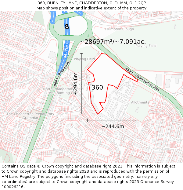 360, BURNLEY LANE, CHADDERTON, OLDHAM, OL1 2QP: Plot and title map