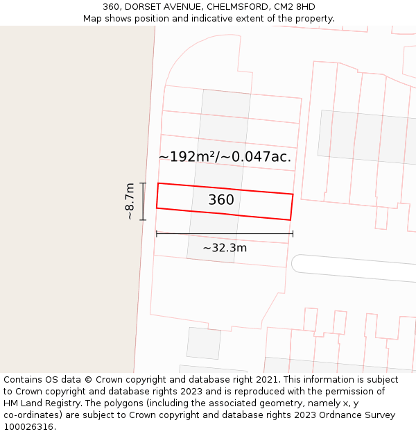 360, DORSET AVENUE, CHELMSFORD, CM2 8HD: Plot and title map