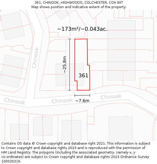 361, CHINOOK, HIGHWOODS, COLCHESTER, CO4 9XT: Plot and title map