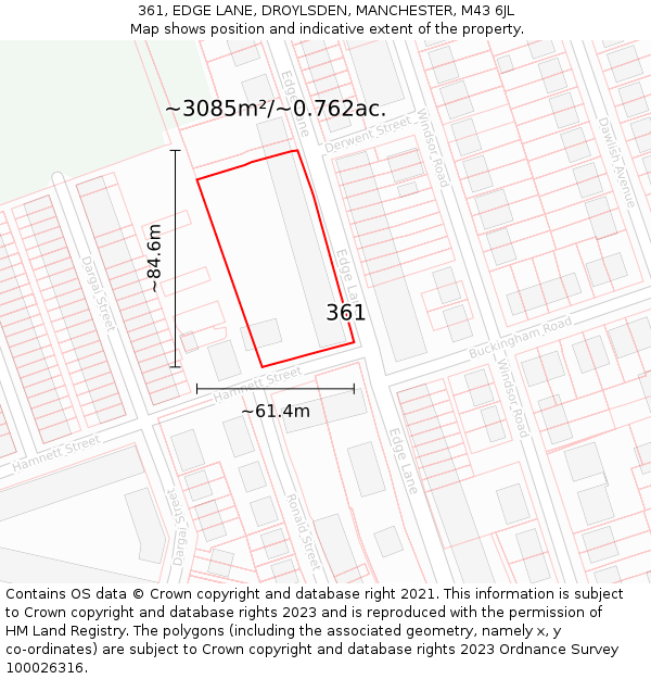 361, EDGE LANE, DROYLSDEN, MANCHESTER, M43 6JL: Plot and title map