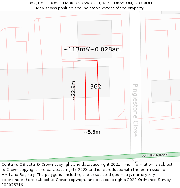 362, BATH ROAD, HARMONDSWORTH, WEST DRAYTON, UB7 0DH: Plot and title map