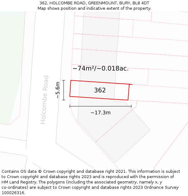 362, HOLCOMBE ROAD, GREENMOUNT, BURY, BL8 4DT: Plot and title map