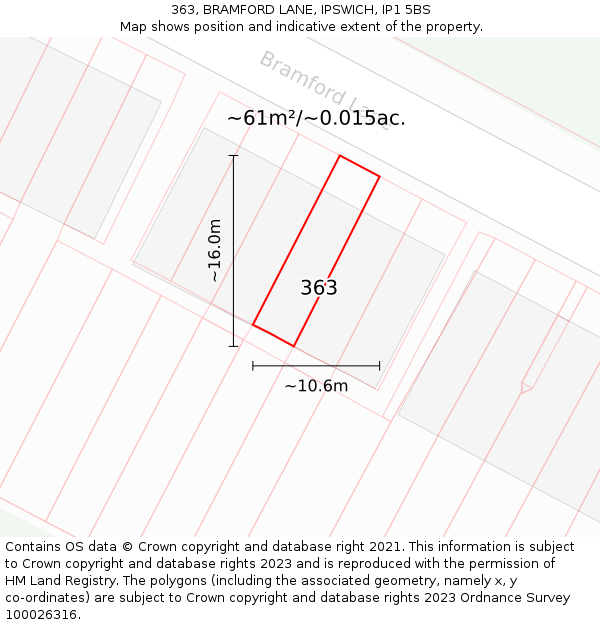 363, BRAMFORD LANE, IPSWICH, IP1 5BS: Plot and title map