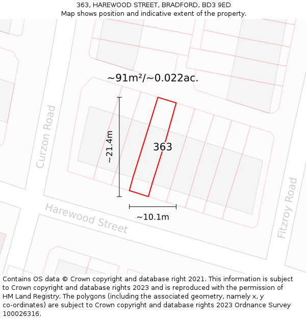363, HAREWOOD STREET, BRADFORD, BD3 9ED: Plot and title map