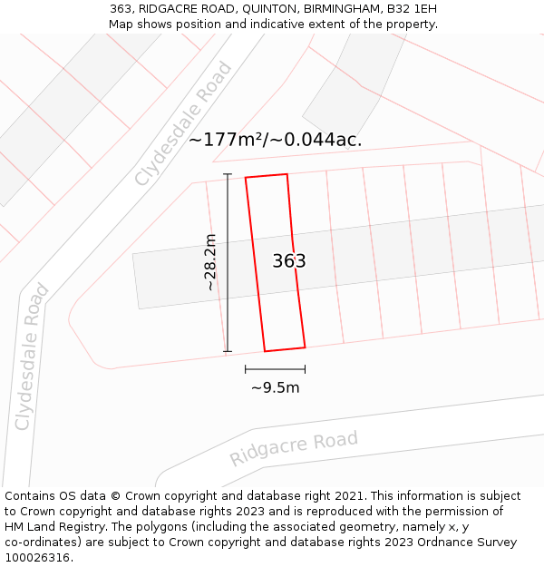 363, RIDGACRE ROAD, QUINTON, BIRMINGHAM, B32 1EH: Plot and title map