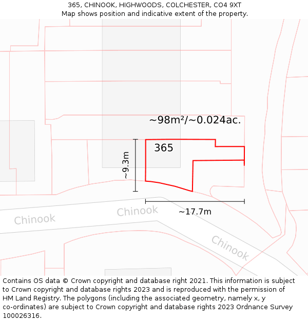 365, CHINOOK, HIGHWOODS, COLCHESTER, CO4 9XT: Plot and title map