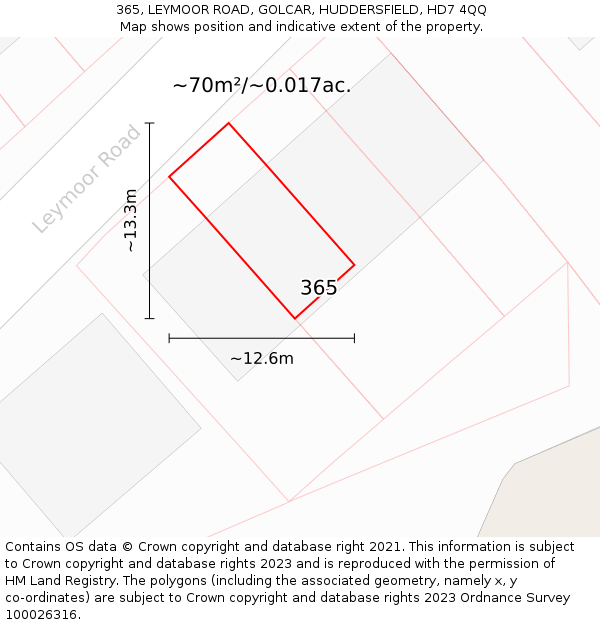 365, LEYMOOR ROAD, GOLCAR, HUDDERSFIELD, HD7 4QQ: Plot and title map