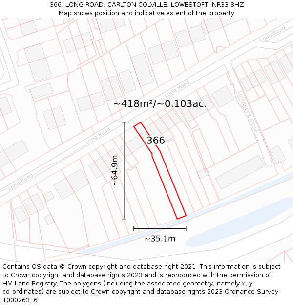 366, LONG ROAD, CARLTON COLVILLE, LOWESTOFT, NR33 8HZ: Plot and title map