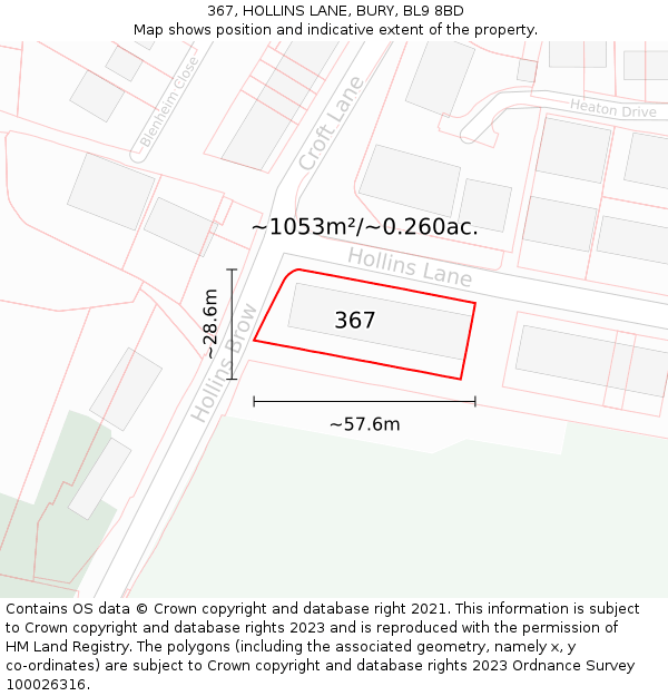 367, HOLLINS LANE, BURY, BL9 8BD: Plot and title map