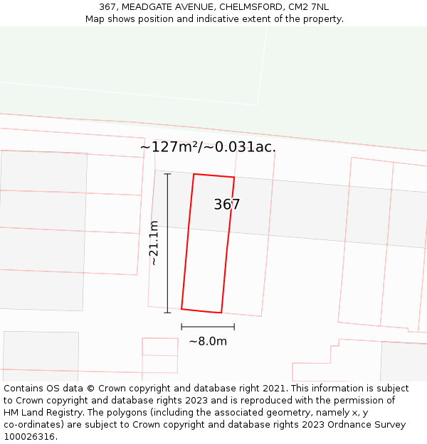 367, MEADGATE AVENUE, CHELMSFORD, CM2 7NL: Plot and title map