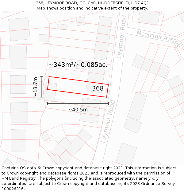 368, LEYMOOR ROAD, GOLCAR, HUDDERSFIELD, HD7 4QF: Plot and title map