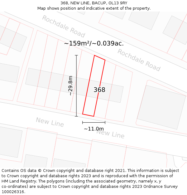 368, NEW LINE, BACUP, OL13 9RY: Plot and title map