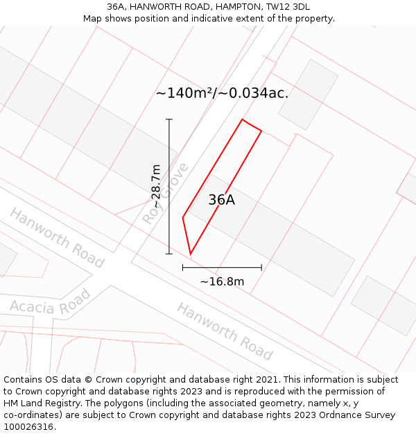 36A, HANWORTH ROAD, HAMPTON, TW12 3DL: Plot and title map