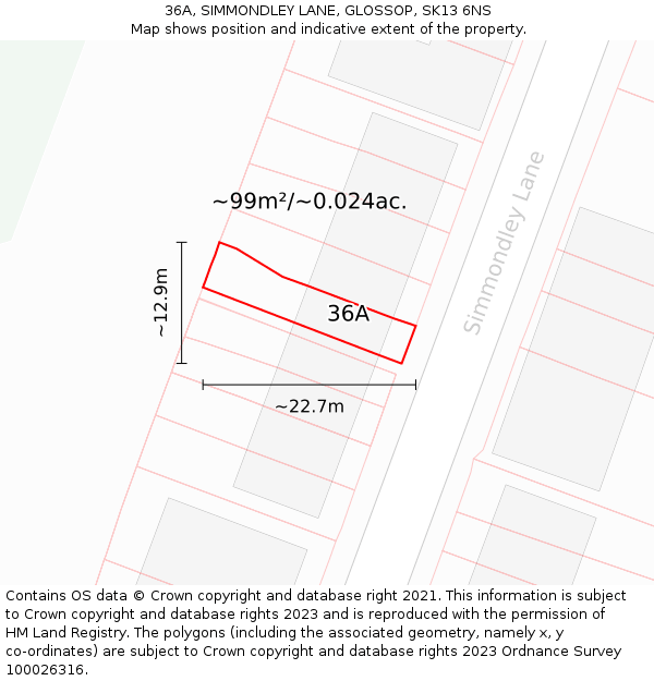 36A, SIMMONDLEY LANE, GLOSSOP, SK13 6NS: Plot and title map