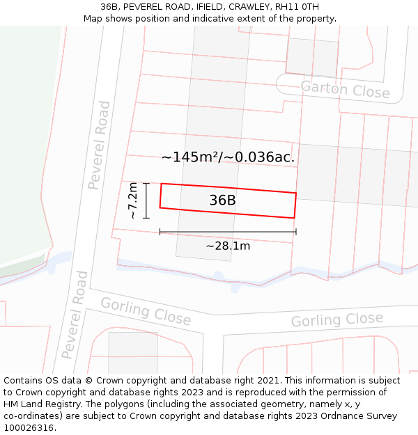 36B, PEVEREL ROAD, IFIELD, CRAWLEY, RH11 0TH: Plot and title map