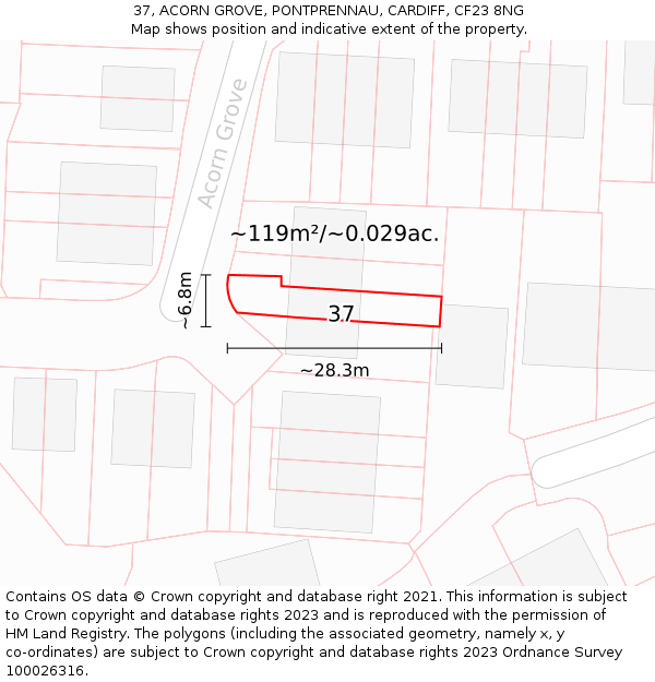37, ACORN GROVE, PONTPRENNAU, CARDIFF, CF23 8NG: Plot and title map