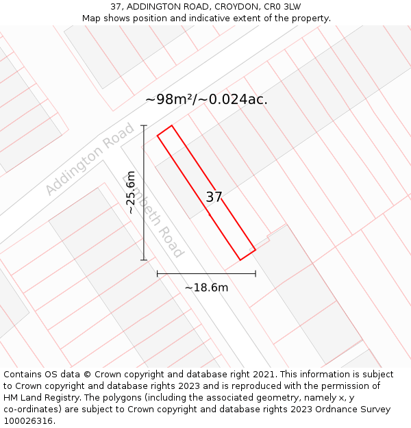 37, ADDINGTON ROAD, CROYDON, CR0 3LW: Plot and title map