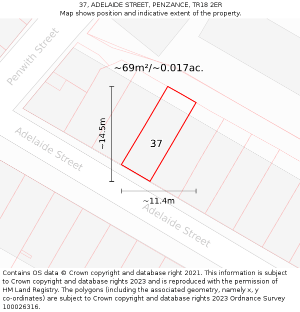 37, ADELAIDE STREET, PENZANCE, TR18 2ER: Plot and title map