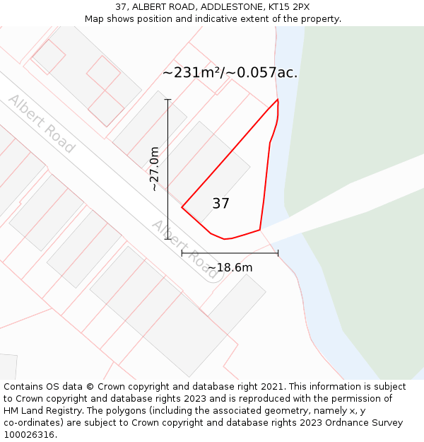 37, ALBERT ROAD, ADDLESTONE, KT15 2PX: Plot and title map