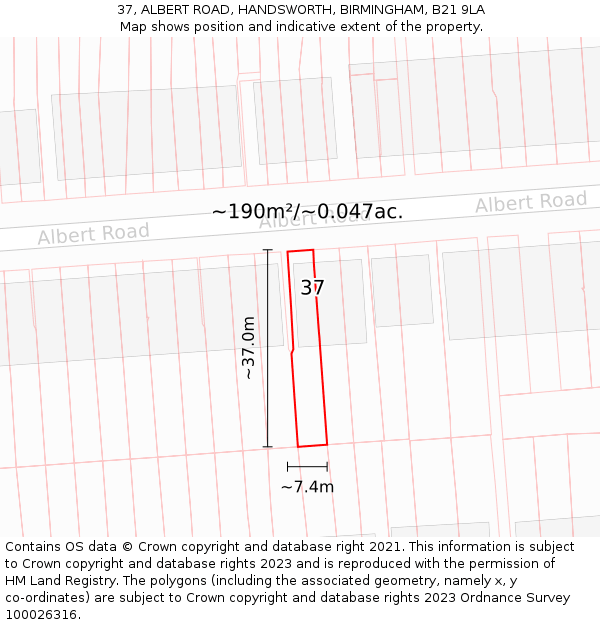 37, ALBERT ROAD, HANDSWORTH, BIRMINGHAM, B21 9LA: Plot and title map