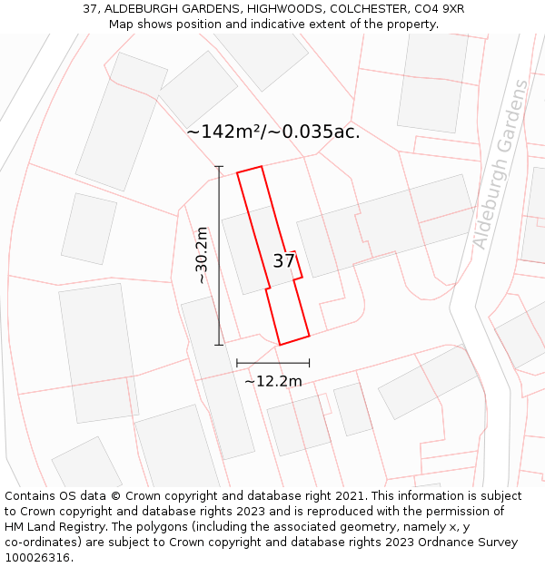 37, ALDEBURGH GARDENS, HIGHWOODS, COLCHESTER, CO4 9XR: Plot and title map