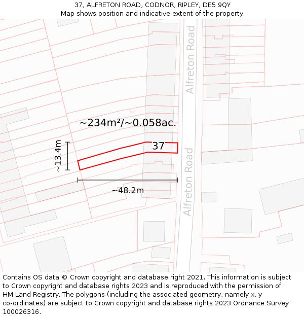37, ALFRETON ROAD, CODNOR, RIPLEY, DE5 9QY: Plot and title map