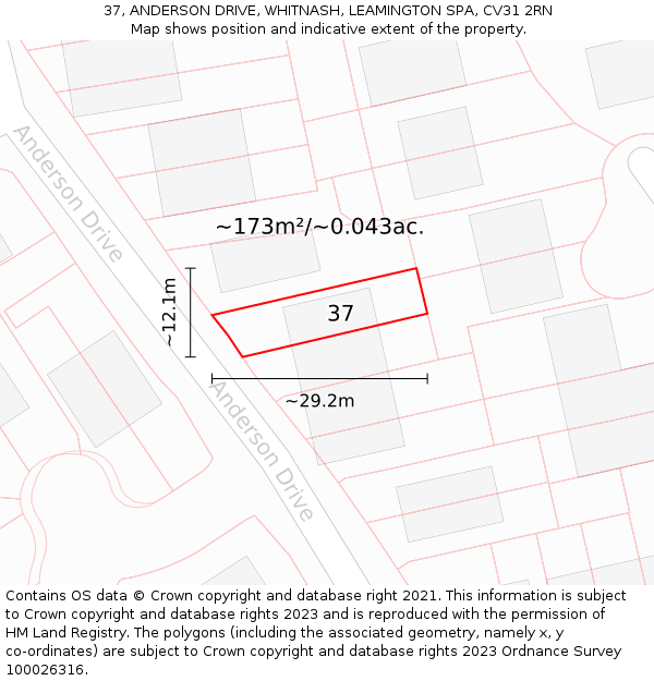 37, ANDERSON DRIVE, WHITNASH, LEAMINGTON SPA, CV31 2RN: Plot and title map