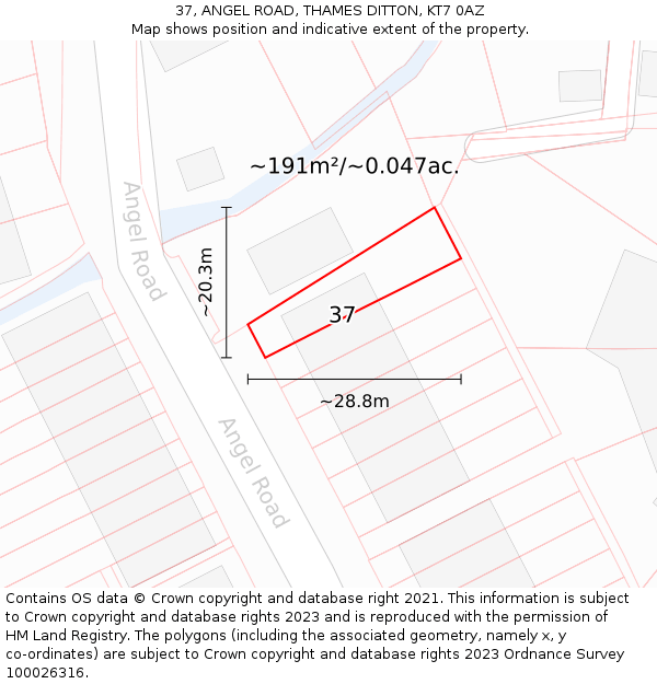 37, ANGEL ROAD, THAMES DITTON, KT7 0AZ: Plot and title map