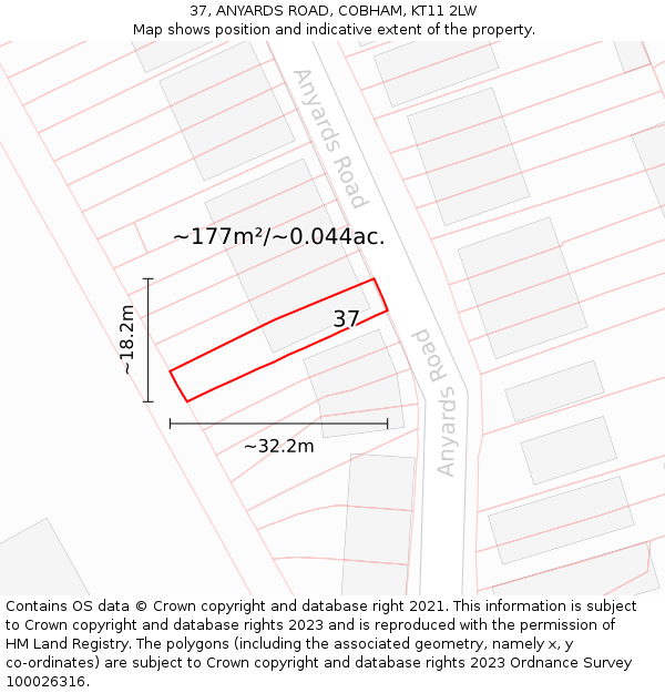 37, ANYARDS ROAD, COBHAM, KT11 2LW: Plot and title map
