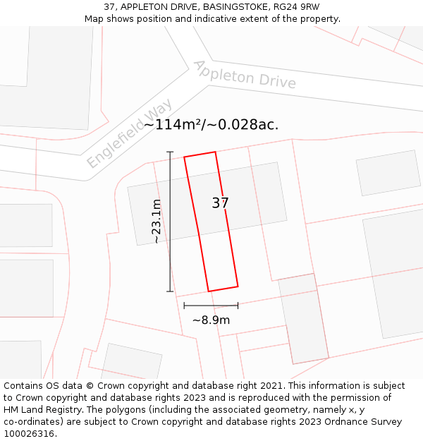 37, APPLETON DRIVE, BASINGSTOKE, RG24 9RW: Plot and title map