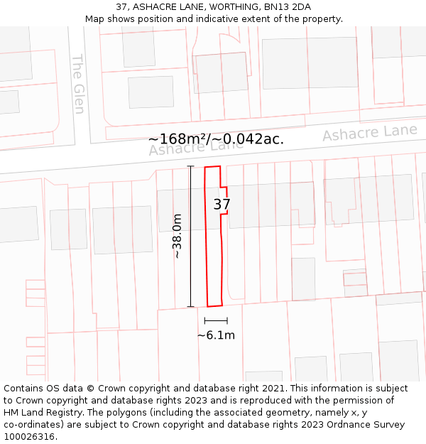 37, ASHACRE LANE, WORTHING, BN13 2DA: Plot and title map