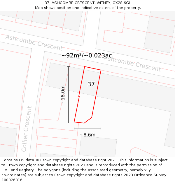 37, ASHCOMBE CRESCENT, WITNEY, OX28 6GL: Plot and title map