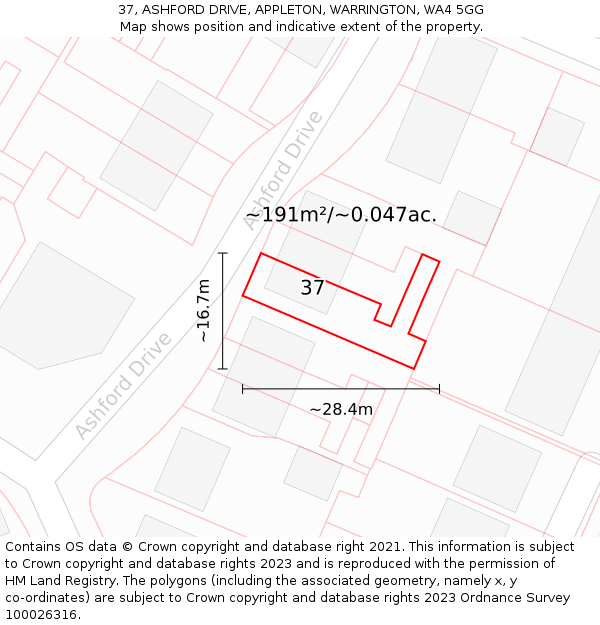 37, ASHFORD DRIVE, APPLETON, WARRINGTON, WA4 5GG: Plot and title map