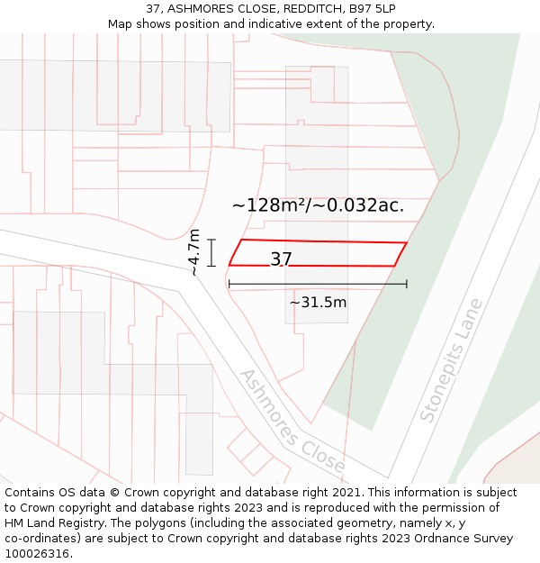 37, ASHMORES CLOSE, REDDITCH, B97 5LP: Plot and title map