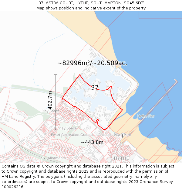 37, ASTRA COURT, HYTHE, SOUTHAMPTON, SO45 6DZ: Plot and title map