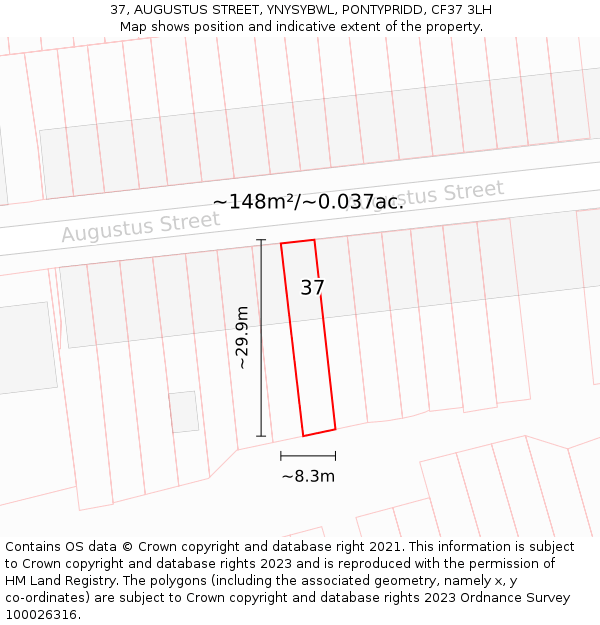 37, AUGUSTUS STREET, YNYSYBWL, PONTYPRIDD, CF37 3LH: Plot and title map
