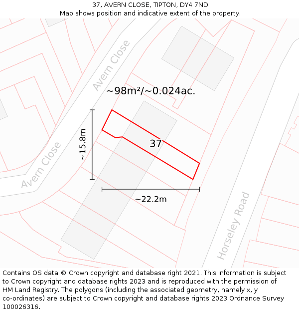 37, AVERN CLOSE, TIPTON, DY4 7ND: Plot and title map