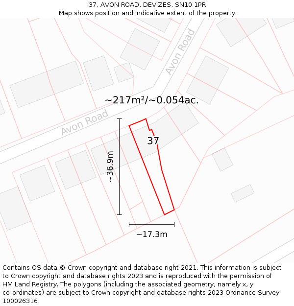 37, AVON ROAD, DEVIZES, SN10 1PR: Plot and title map