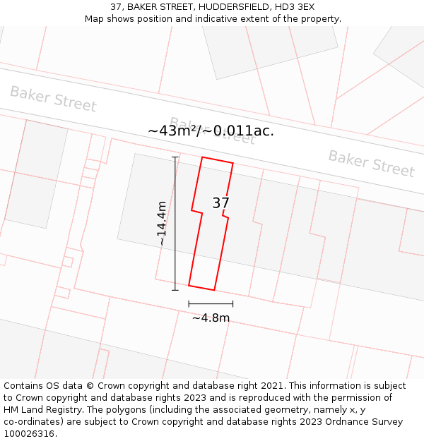 37, BAKER STREET, HUDDERSFIELD, HD3 3EX: Plot and title map