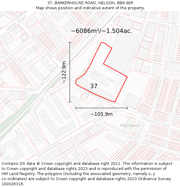 37, BARKERHOUSE ROAD, NELSON, BB9 9ER: Plot and title map