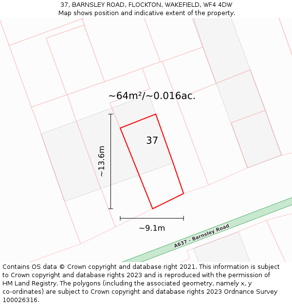 37, BARNSLEY ROAD, FLOCKTON, WAKEFIELD, WF4 4DW: Plot and title map