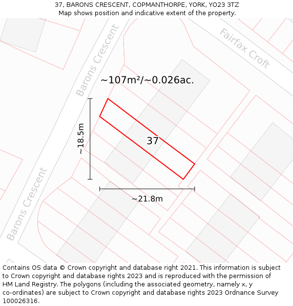 37, BARONS CRESCENT, COPMANTHORPE, YORK, YO23 3TZ: Plot and title map