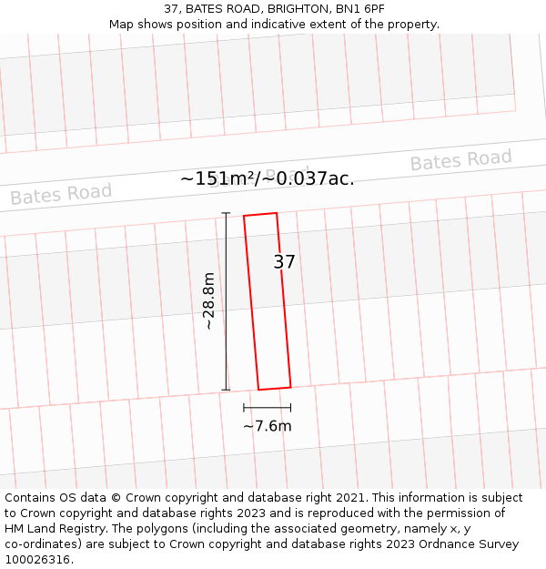 37, BATES ROAD, BRIGHTON, BN1 6PF: Plot and title map
