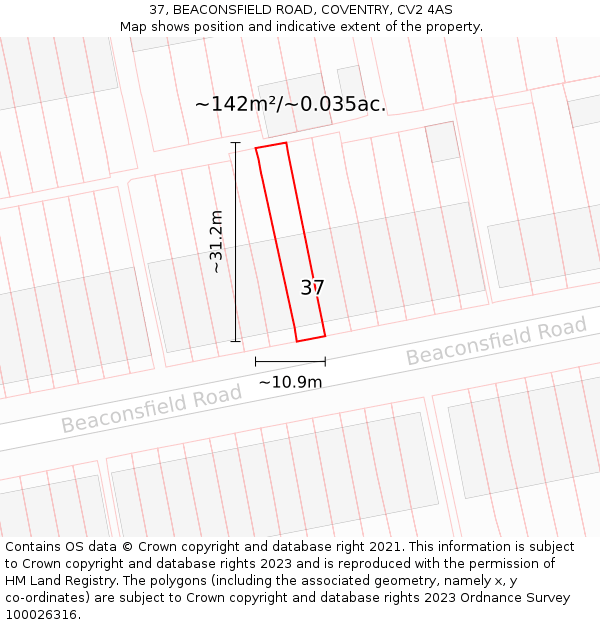 37, BEACONSFIELD ROAD, COVENTRY, CV2 4AS: Plot and title map
