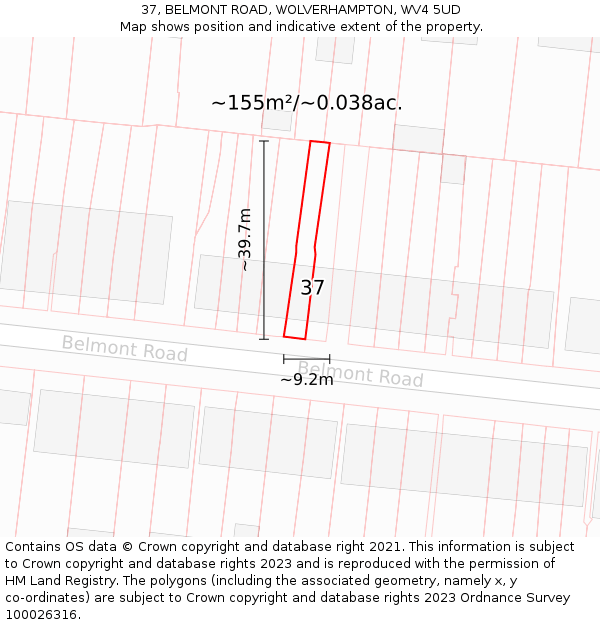 37, BELMONT ROAD, WOLVERHAMPTON, WV4 5UD: Plot and title map