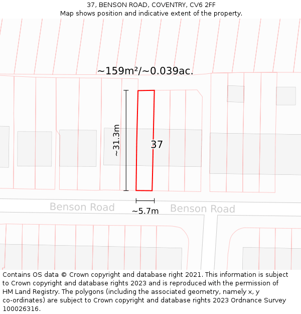 37, BENSON ROAD, COVENTRY, CV6 2FF: Plot and title map