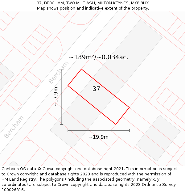 37, BERCHAM, TWO MILE ASH, MILTON KEYNES, MK8 8HX: Plot and title map