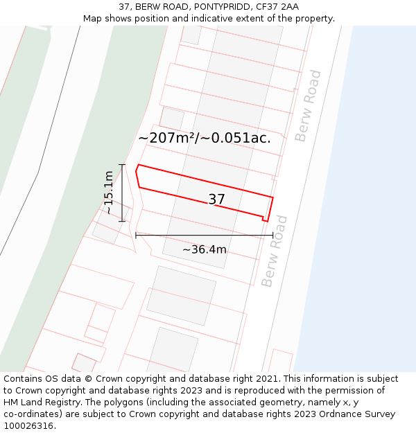 37, BERW ROAD, PONTYPRIDD, CF37 2AA: Plot and title map