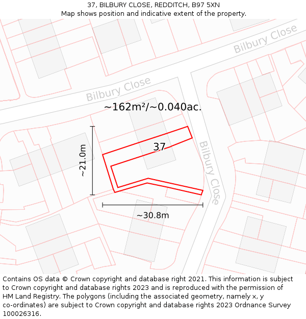 37, BILBURY CLOSE, REDDITCH, B97 5XN: Plot and title map
