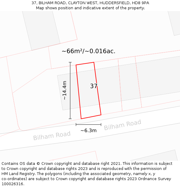 37, BILHAM ROAD, CLAYTON WEST, HUDDERSFIELD, HD8 9PA: Plot and title map